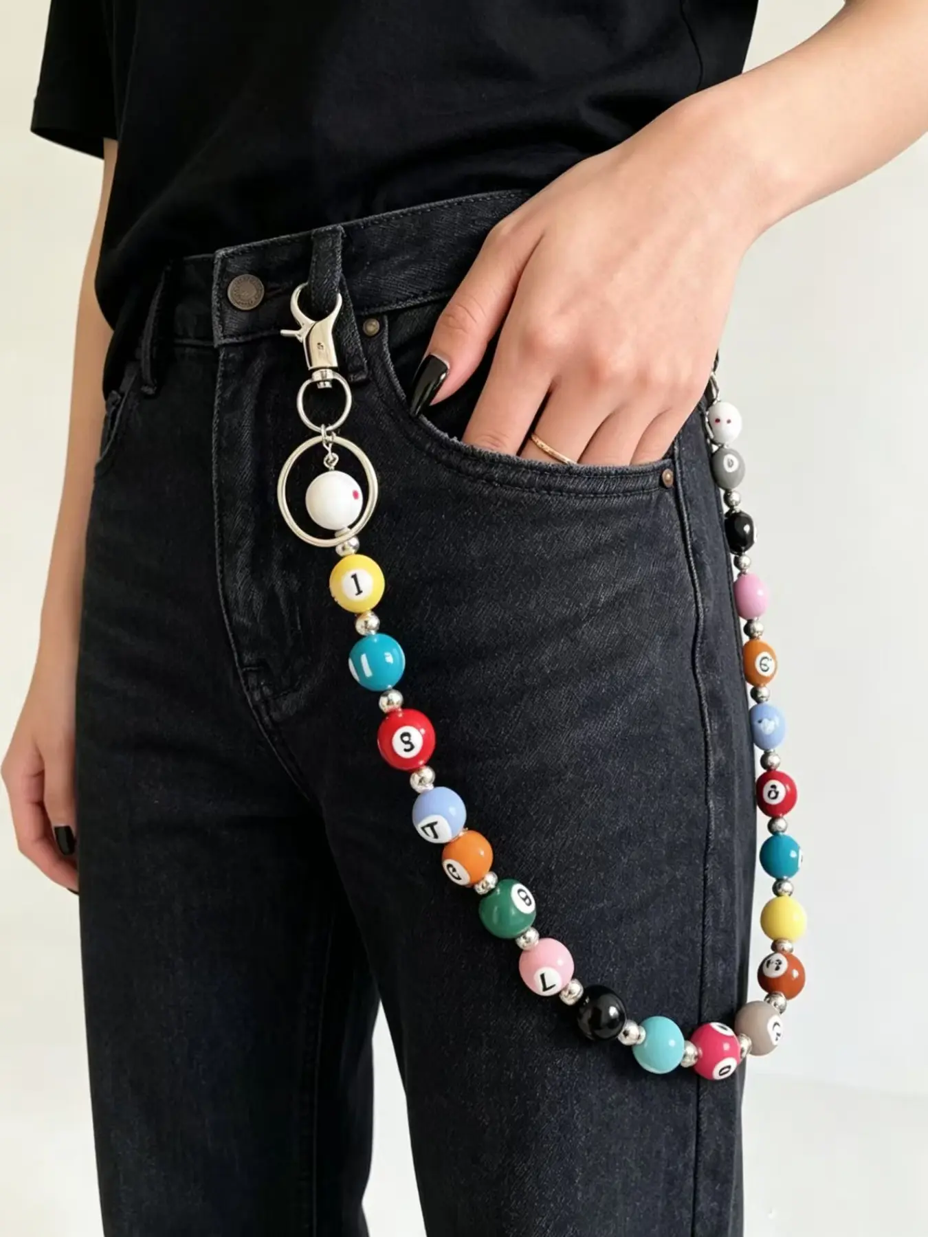 Y2K Vintage Billiards Number Bead Waist Chain, Colorful Pool Ball Beaded Pant Chain, Punk Style Jewelry for Men Women, Body Chain Accessory