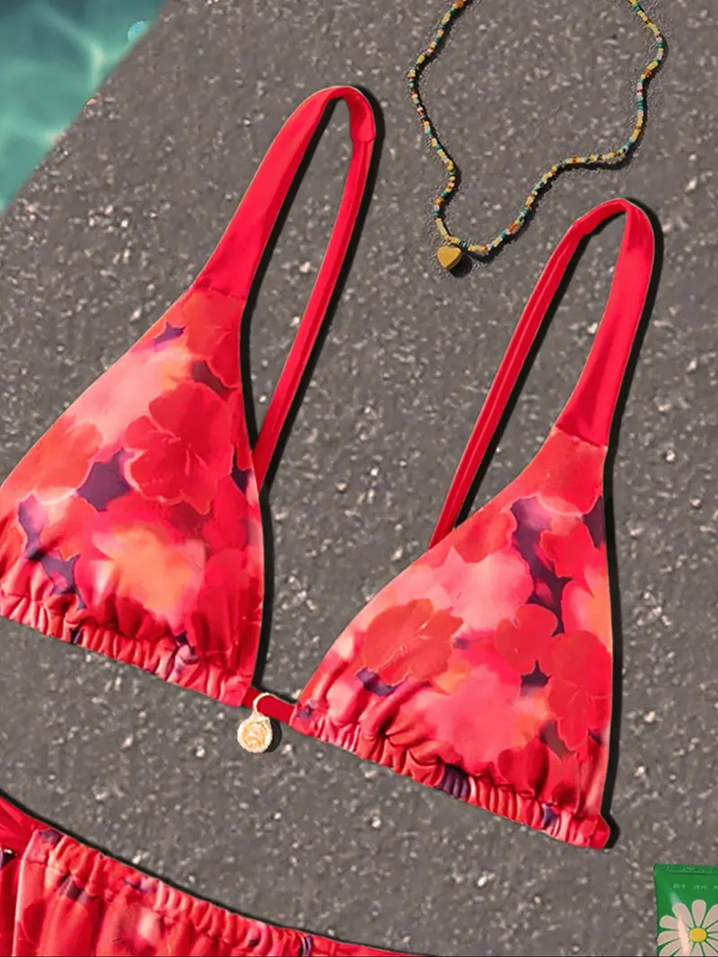 Women's Floral Print Bikini Set, Casual Fashion Chic Summer Swimsuit Set for Beach Holiday Vacation, Ladies Swimwear for All Seasons, Floral Print Swimsuits, Floral Bathing Suits, Bikinis Set
