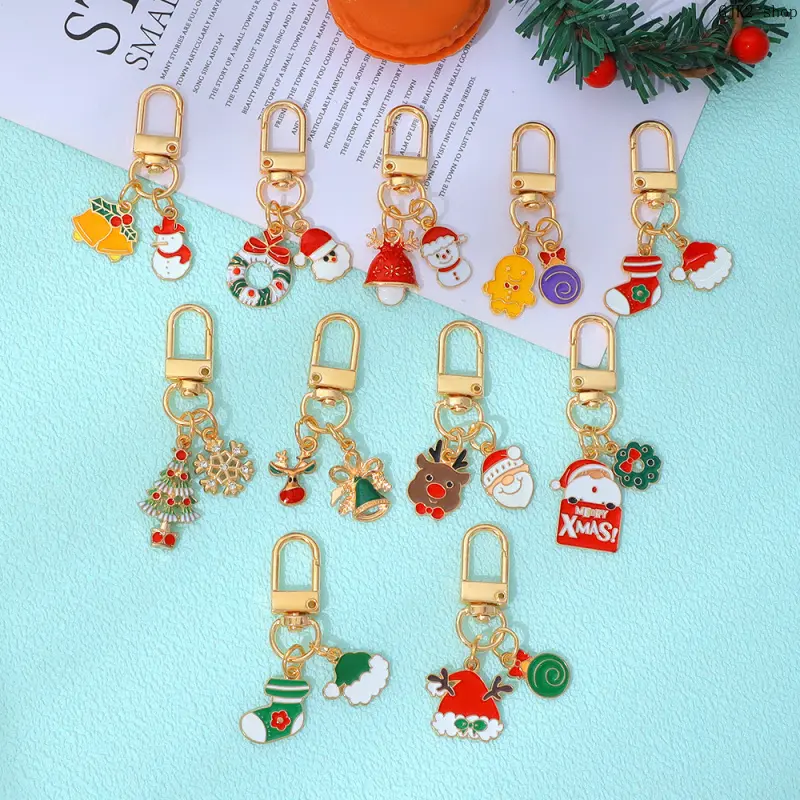 Christmas Enamel Keychain Charms, Cute Santa Xmas Tree Snowflake Bell Wreath Alloy Pendant, Bag Airpods Decor Key Ring Holiday Gift for Women Kids