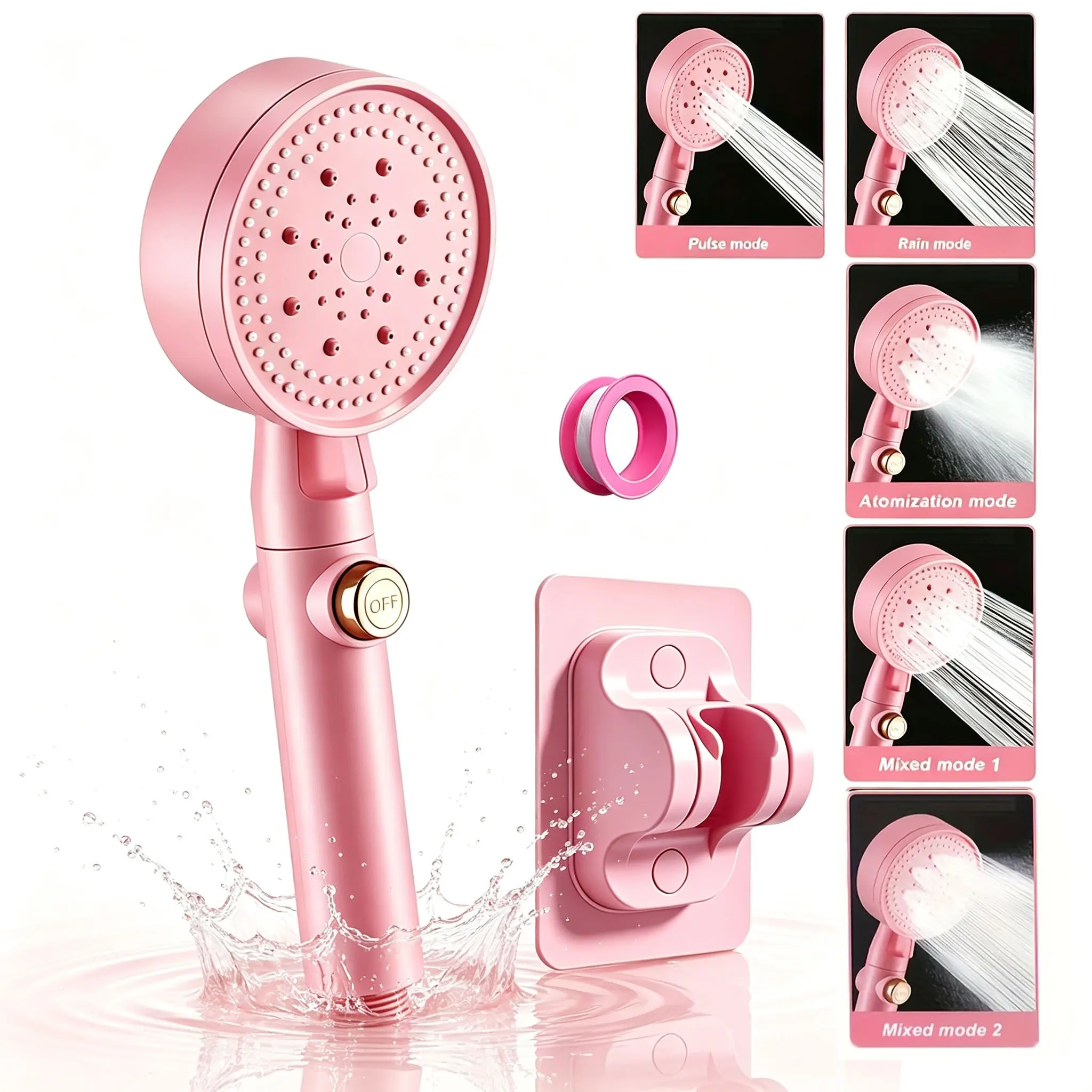 5 Modes High-Pressure Handheld Shower Head Set, No Drilling Shower Rack, On/off Switch, Water-Saving Bathroom Shower Head, No Hose Included