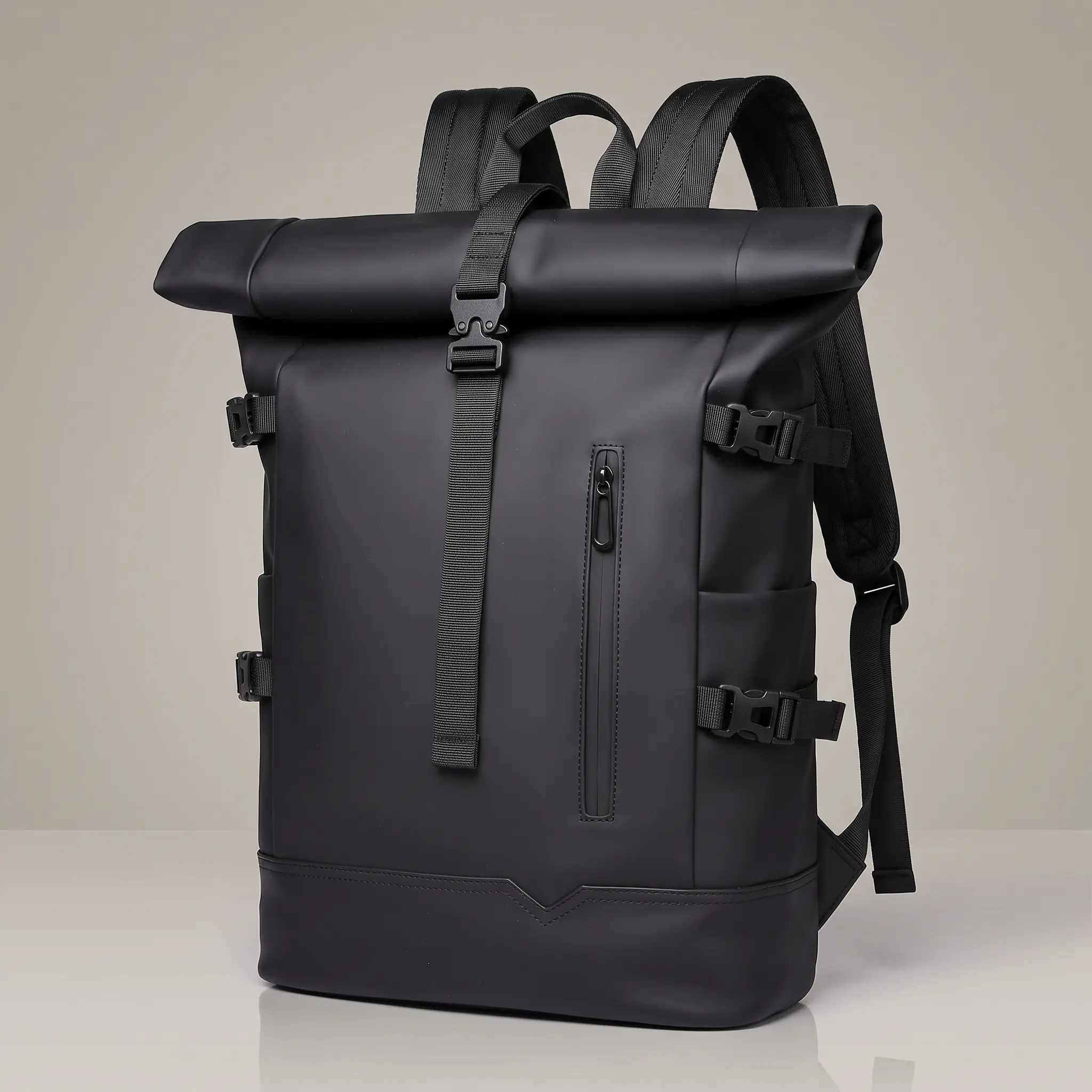 Roll Top Backpack for Men - Minimalist Solid Oxford Fabric with Expandable Capacity for Commute & Casual Travel, Buckle, Adjustable