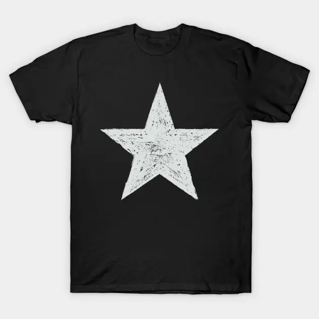 Vintage Distressed White Five Pointed Star Black Cotton T-Shirt