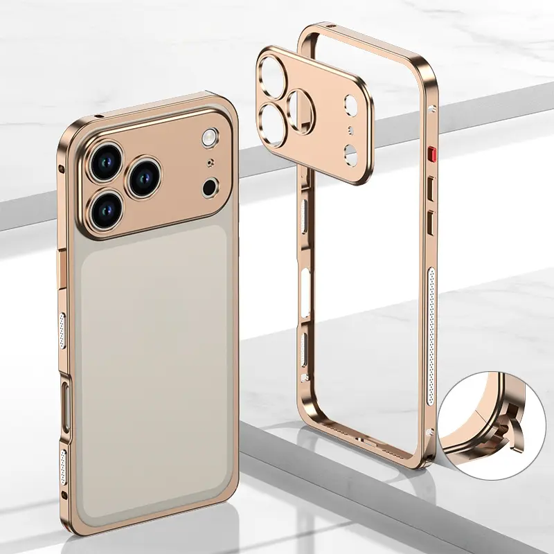 Luxury Business Titanium Cellphone Bumper Casing, Detachable Half-Wrap Seahorse Buckle Frame with Built-in Silicone Liner, Metal Camera Lens Cover, Ultra-Slim Heat-Dissipating Shockproof Protection for iPhone 12-17/12-17 Pro Max (Mobile Phone Accessories)