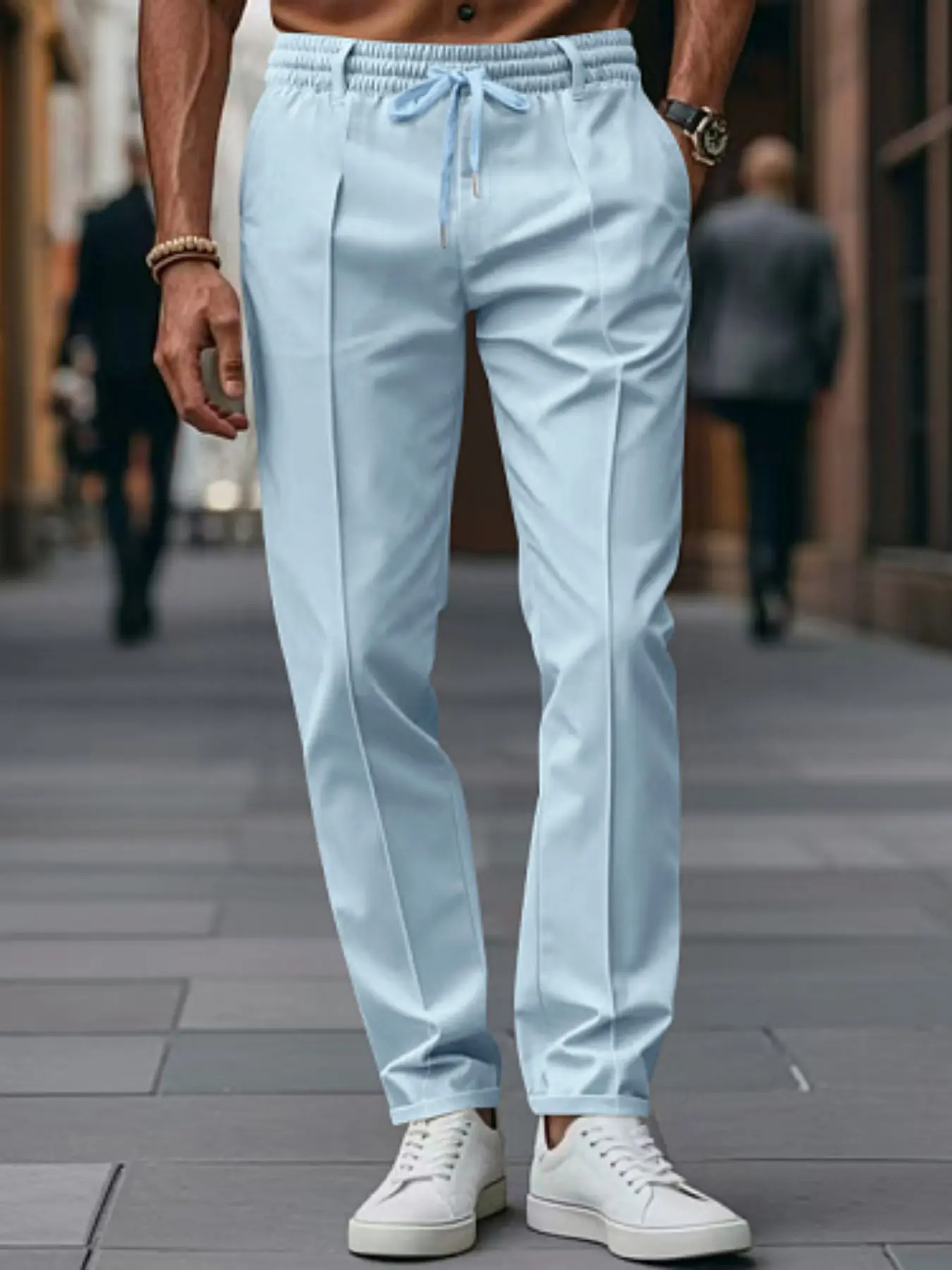 Men's Casual Chinos Summer Khaki Straight Fit Slim Elastic Drawstring Waist Office Pants With Pleats Non-Stretch Lightweight Breathable Solid Color High-End Business Casual Chinos Casual Trousers