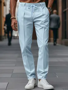 Men's Casual Chinos Summer Khaki Straight Fit Slim Elastic Drawstring Waist Office Pants With Pleats Non-Stretch Lightweight Breathable Solid Color High-End Business Casual Chinos