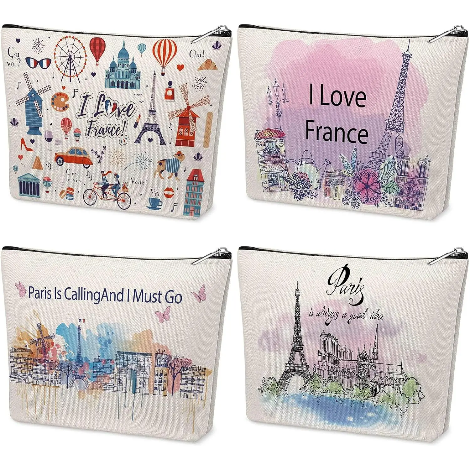 4 Pack France Paris Makeup Bags for Women Paris Travel Gifts Canvas Makeup Bags Funny City Theme Eiffel Tower Zipper Pouches for Traveler  Souvenir Gifts