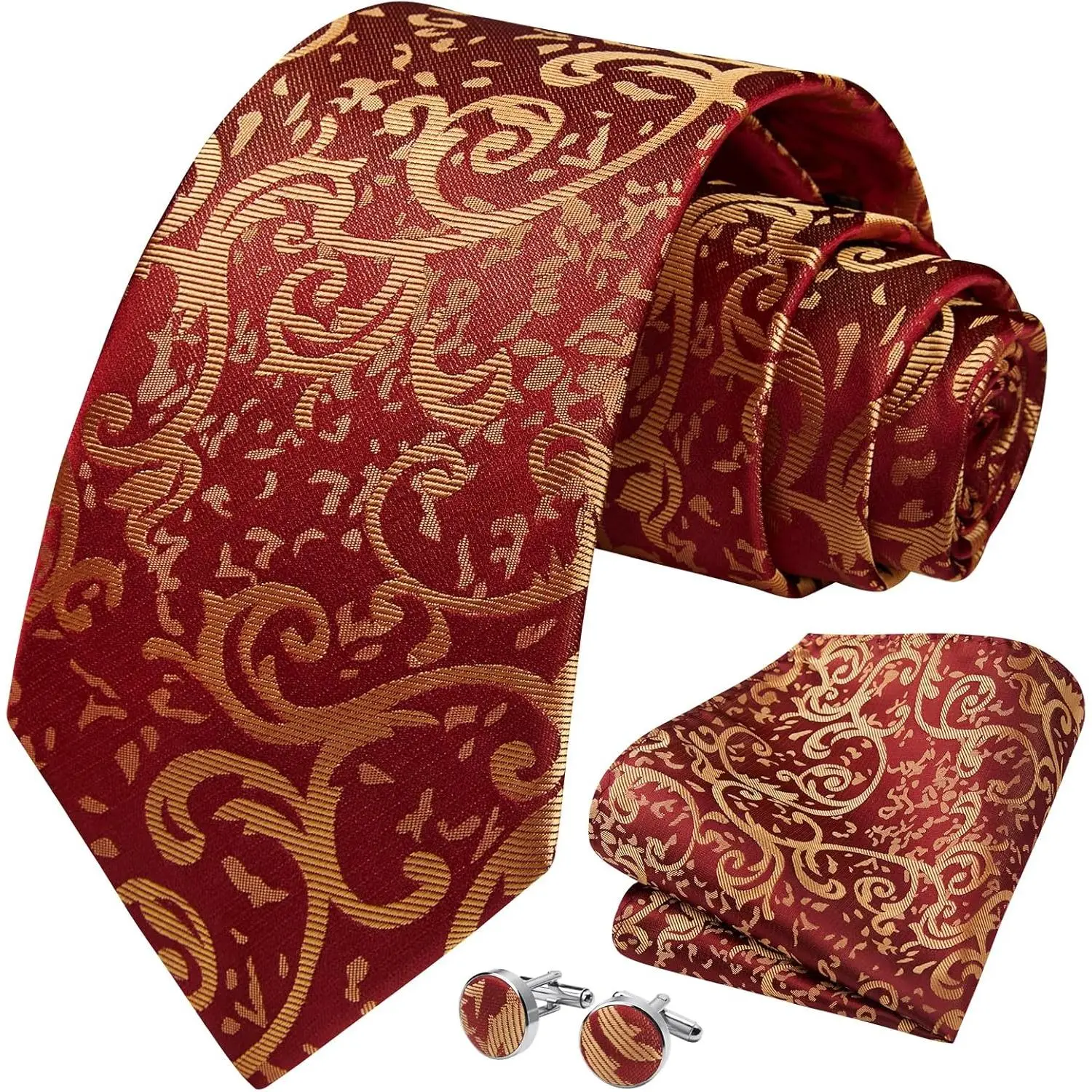 Ties for Men Paisley Tie and Pocket Square Cufflinks Set Classic Woven Floral Mens Necktie Handkerchief for Wedding
