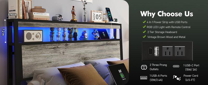 Queen Size Bed Frame with 4 Storage Drawers and Headboard with Charging Station and LED Lights,2 Tier Solid Wood Headboard Storage/Noise Free/No Box Spring Needed/Remote Control/Rustic Grey Queen Size Bed Frame with 4 Storage Drawers and Headboard with Charging Station and LED Lights,2 Tier Solid Wood Headboard Storage/Noise Free/No Box Spring Needed/Remote Control/Rustic Grey