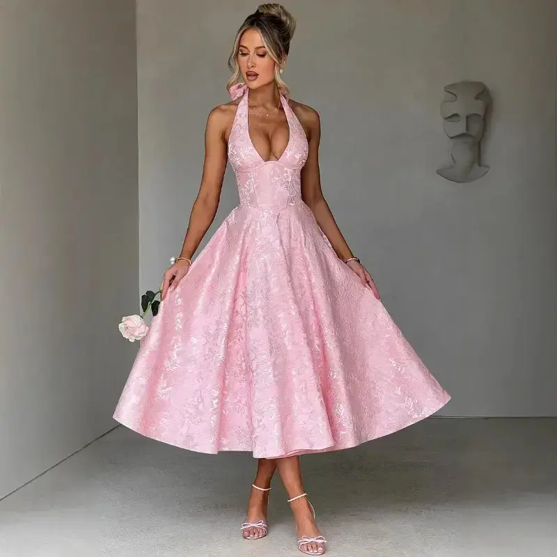 New Women's V-Neck Halter Sleeveless Dress - Jacquard, Tie-Waist, Resort Style, Premium Evening Gown   #VacationChic #ElegantEvening