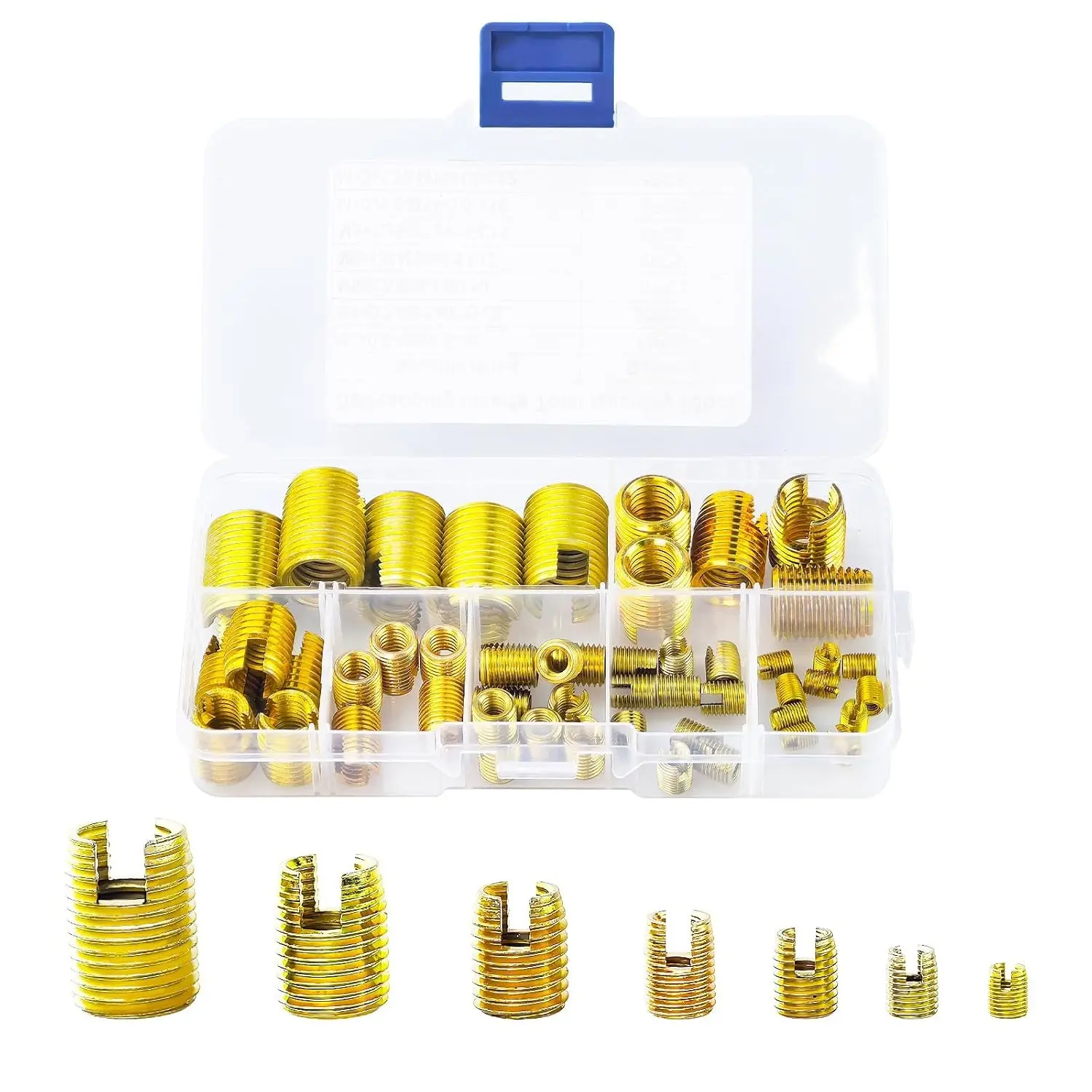50Pcs 302 Stainless Steel Self Tapping Slotted Thread Inserts Set with Storage Case, Assorted Sizes M3-M12 Thread Reinforce Repair Tool Gold