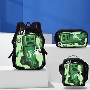 3pcs Set Cute Building Block Person Print Backpack - Lightweight Travel Backpack, Multi-Functional Storage Bag And Organizer Bag |   Adjustable Shoulder Straps, Stylish Design, Suitable for Teenagers, for Teenager, For Teenager