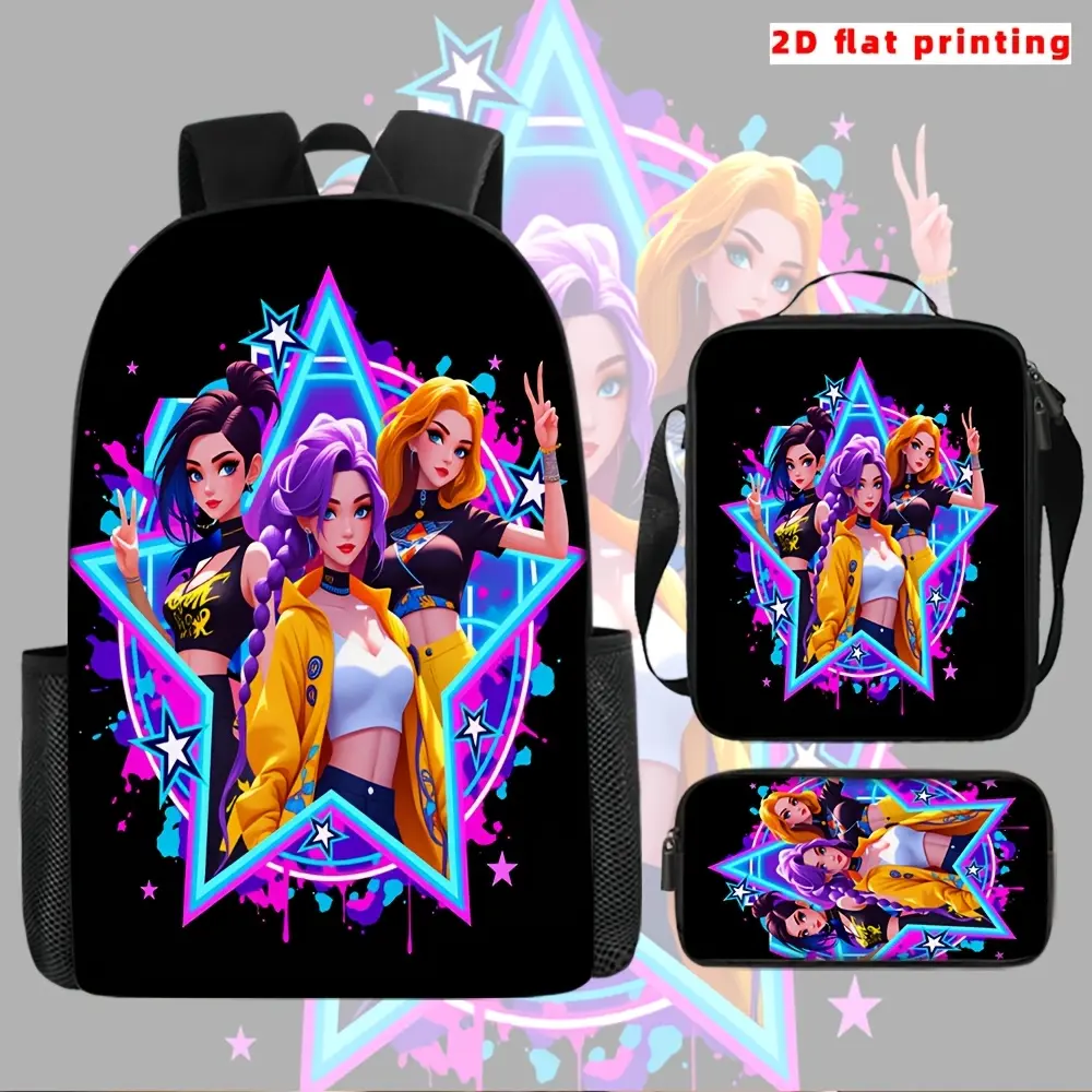 3pcs School Style Backpack Set, Trendy Girl Group Theme Casual Printed Backpacks with Cute Animal Patterns, Polyester Travel Bags with Large Capacity, Adjustable Straps, Zipper Closure, Moisture-Dust Proof, Durable Easy-Clean for School-Outing, Casual Pri
