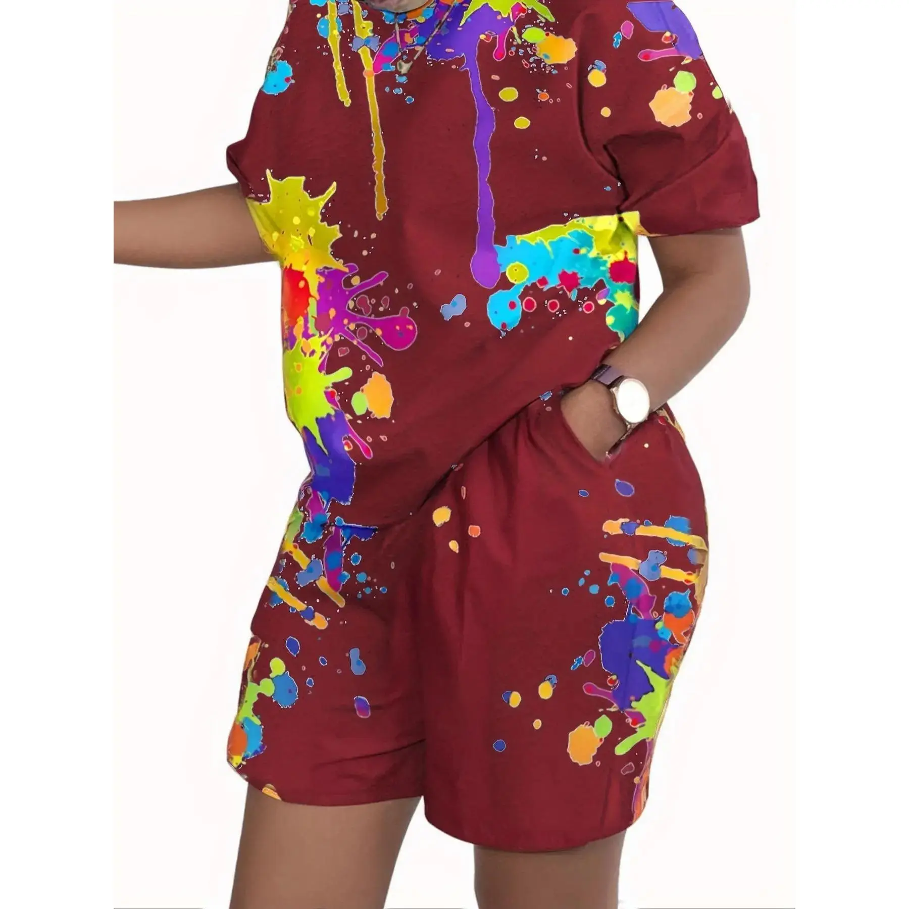 Plus Size Paint Splatter Print Tie Dye Short-Sleeve & Shorts Set Casual Loose Fit Matching Two-Piece Outfit, Y2K Clothes Summer Daily Wear, Trendy Artistic Sets, Comfortable Relaxed Fit Casual Ensembles, Stylish Vibrant Pattern Detail Party Casual We