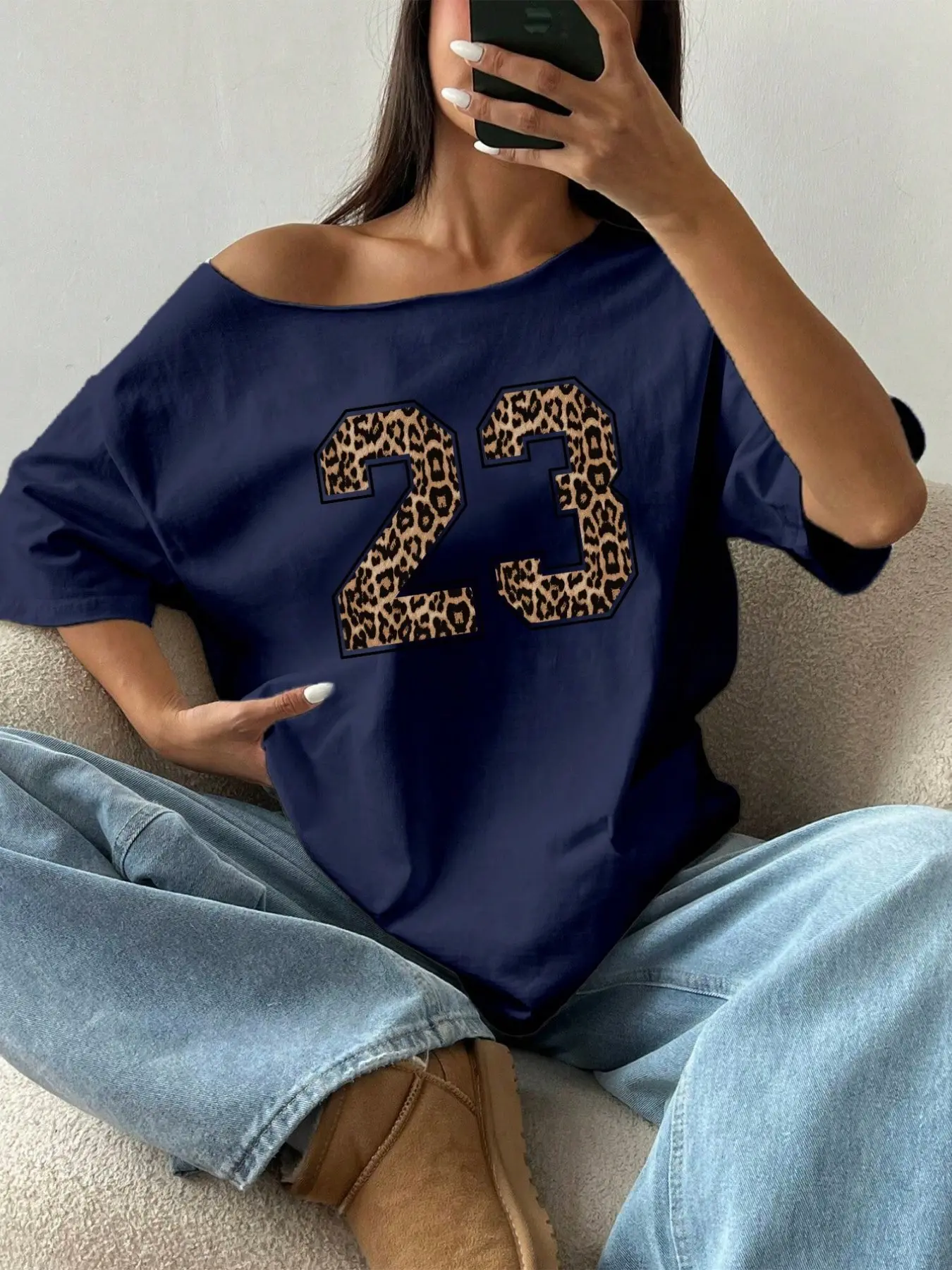 American Style Leopard Print Shoulder Cut-Out T-Shirt Casual Wear with 23 Number Print, Loose Casual Fit, Trendy Lazy Girl Top for Women