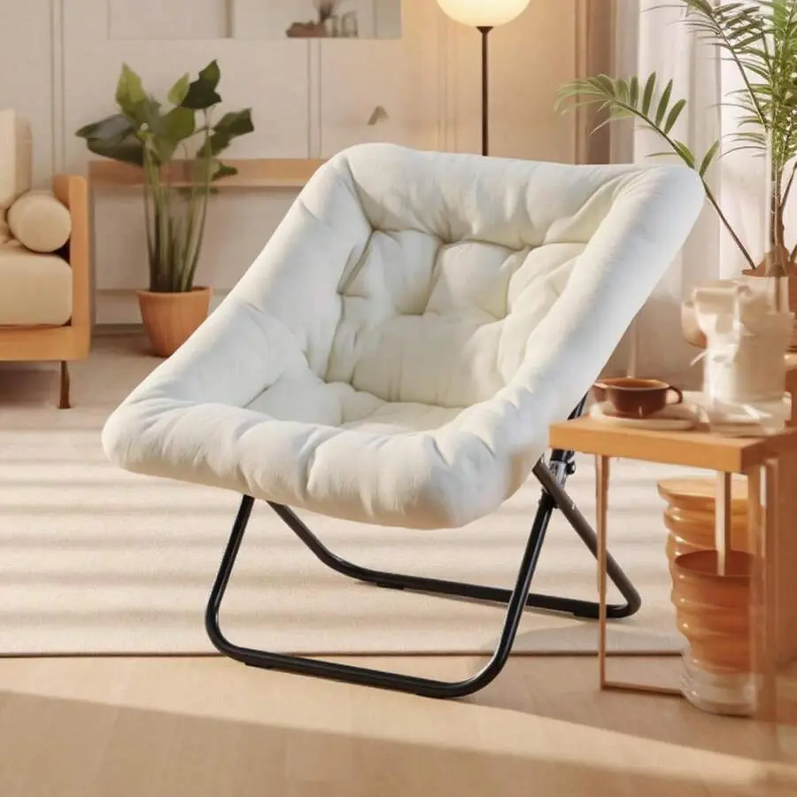 Oversized Square Faux Fur Lounge Chair - Large Dimensions, Metal Frame, Wide Deep Seat, Reading/Gaming Use, Comfy for Adults, Foldable, Versatile for Indoor Rooms