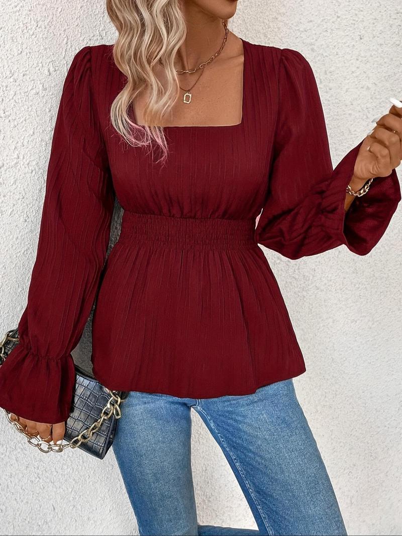 Women's Textured Flounce Sleeve Blouse, Casual Classy Solid Square Neck Top for Spring & Fall, Women's Clothing for Daily Wear