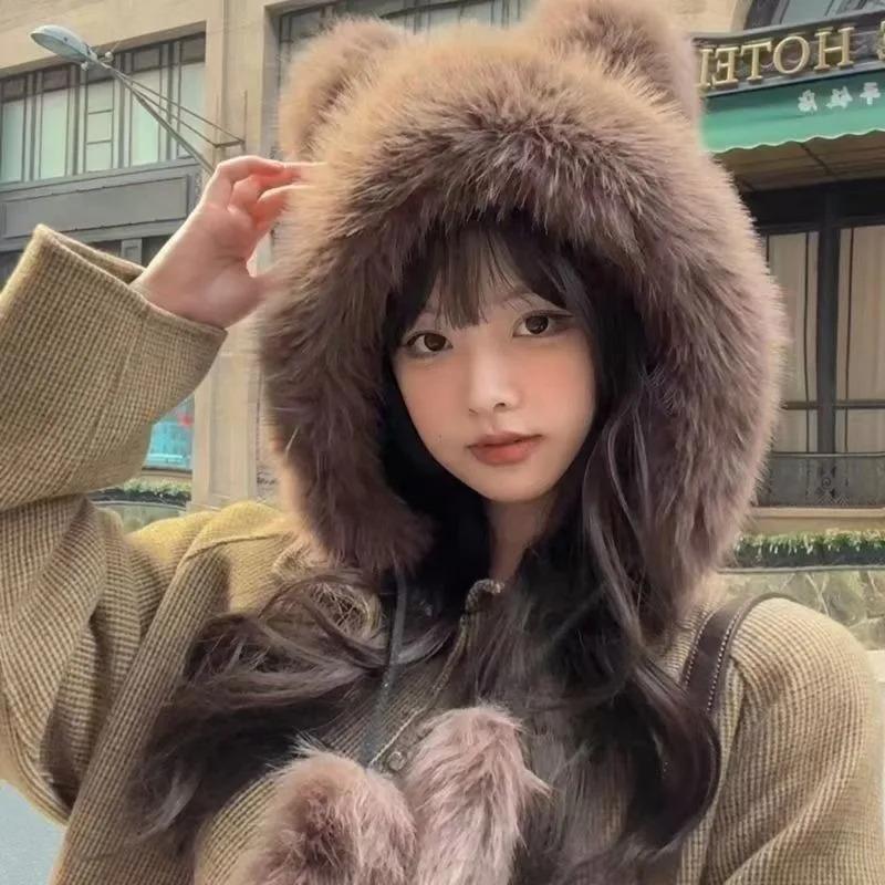 Winter  New Women's Plush Cute Bear Ear Hat ,Thicken and Warm Ear Protection Wind and Snow Hat  Plush Little Bear Lei Feng Hat