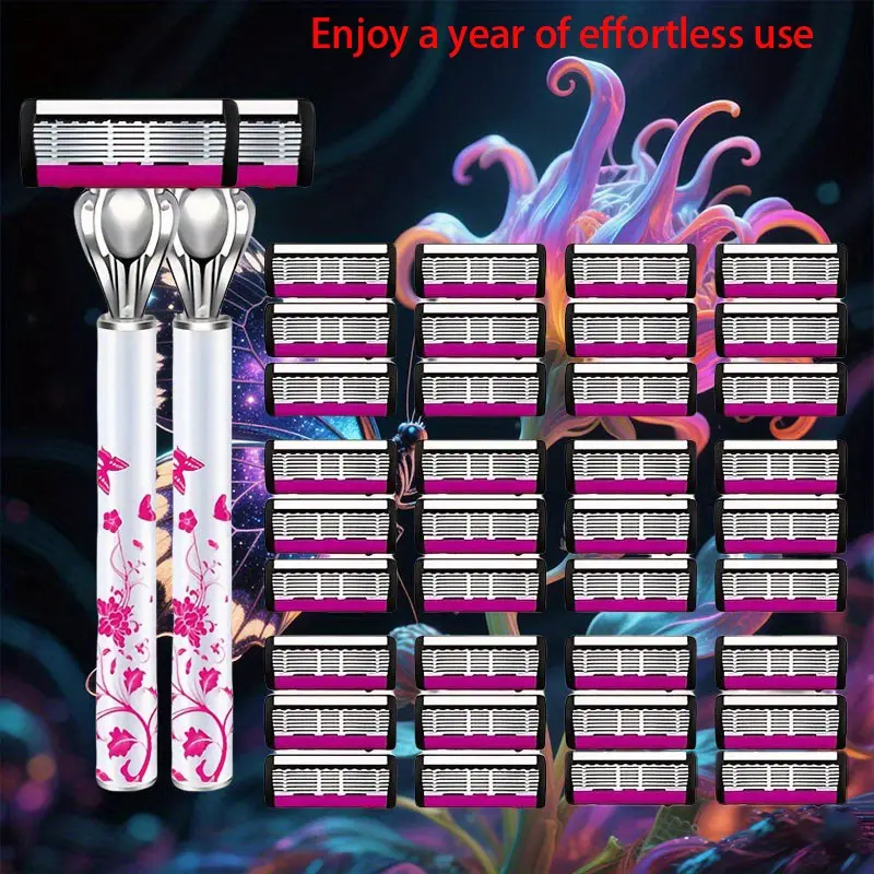 Unisex 6-Blade Razor Set, 2 Premium Handles, 36 Replacement Blades, Smooth Shaving, Ergonomic Non-Slip Handle, Durable Sharp Blades, Travel-Friendly