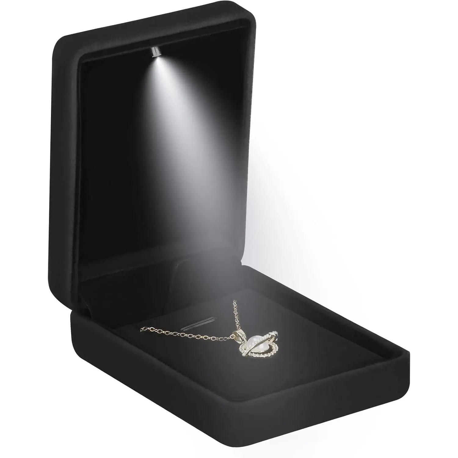 Classic Metal Glossy  Pendant Necklace  Box with LED Light,   Storage Display Case for Proposal Engagement Wedding Anniversary Birthday Ceremony (Black)