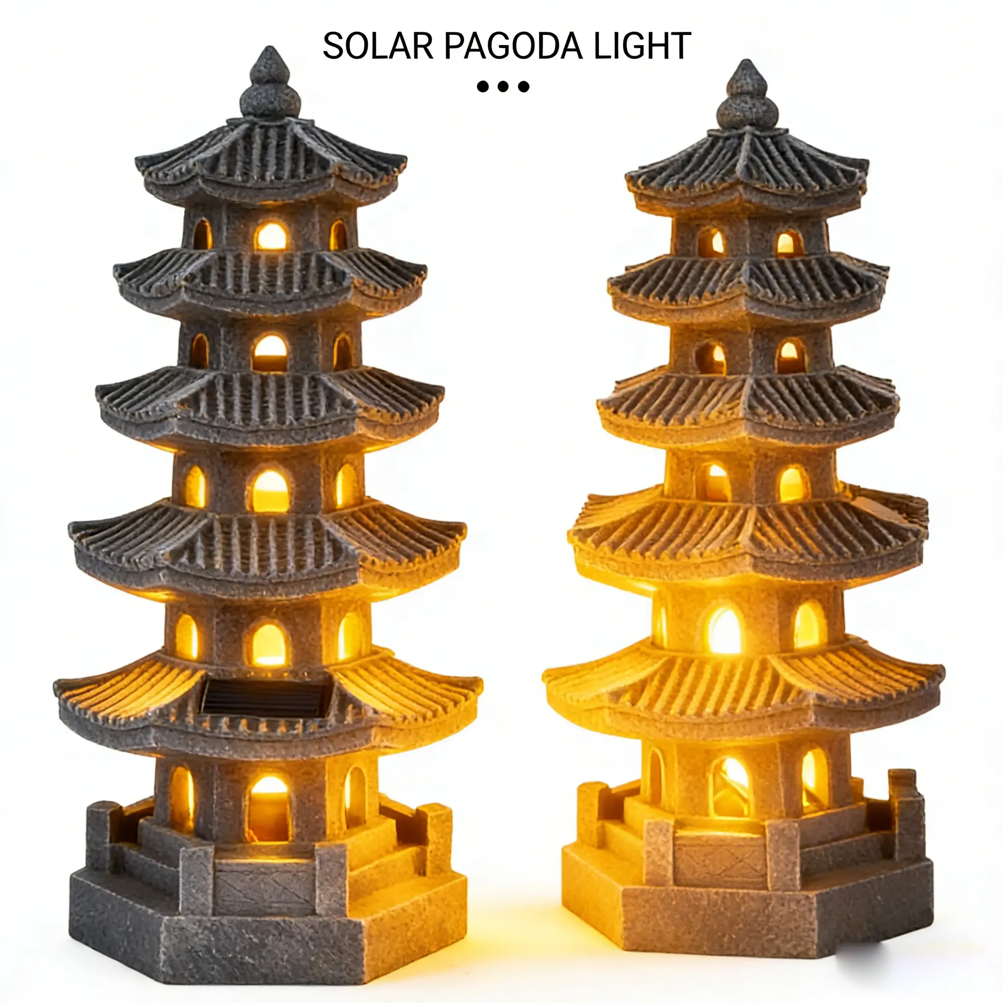 5-Tier Resin Stone Solar Pagoda Lantern, Waterproof LED Solar Outdoor Lights, Zen Garden Decor for Patio, Bonsai Displays