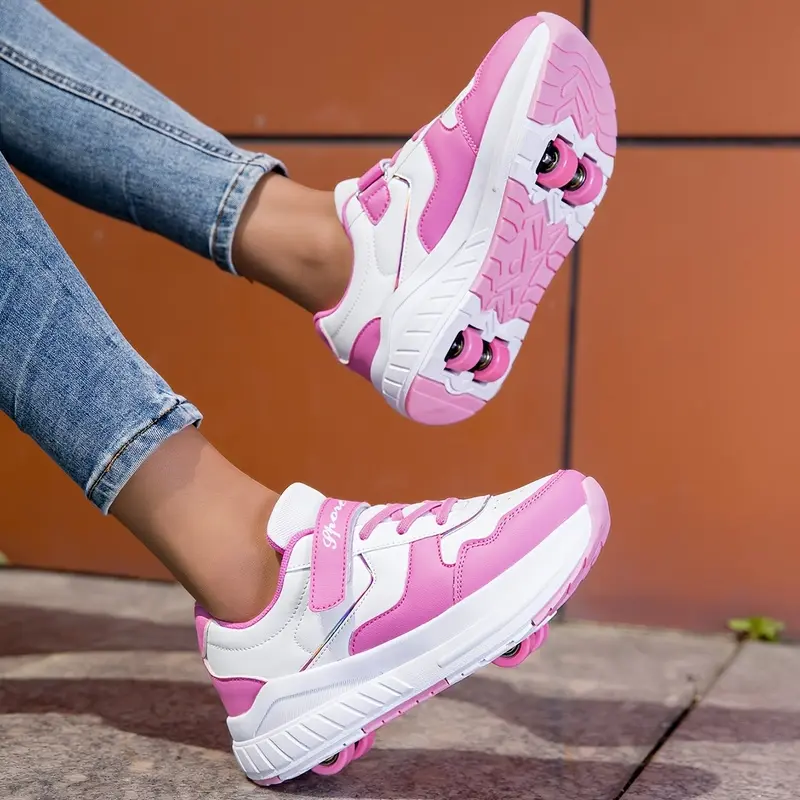 Children's Fashionable Roller Skates, Girls' Pink Wheeled Sneakers, Dual-Use Lightweight Non-Slip Double-Wheel Detachable Skate Shoes, Round-Toe Lightweight PU Upper with Unique Stitching, Non-Slip Durable TPR Sole, Boys' Breathable Thick-Soled Skates