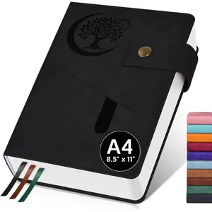 A4 Leather Lined Journal Notebook, 8.5"x11" 366 Pages 100GSM College Ruled Hardcover Diary with 3 Ribbon Bookmarks, Brass Snap & Front Pocket, Journals for Writing Work Travel Men Women