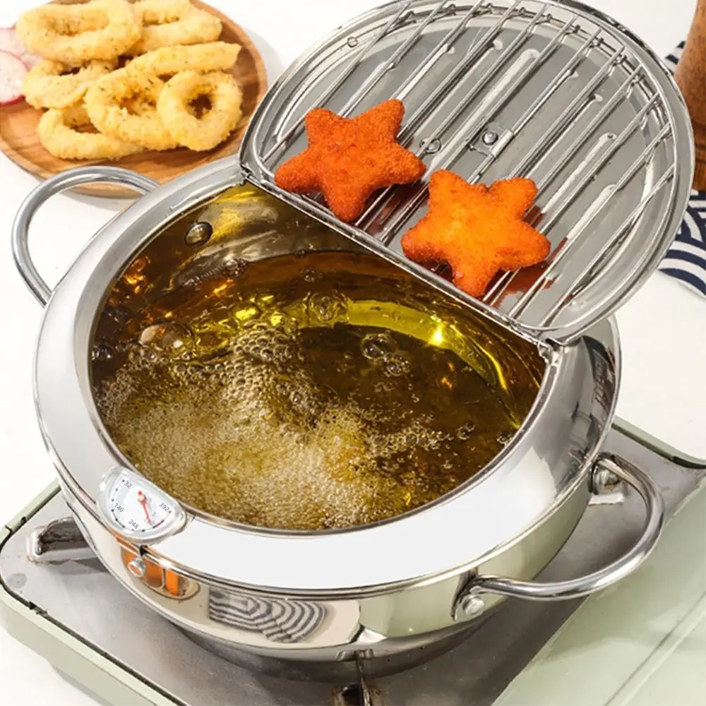 Japanese Style Stainless Steel Deep Fryer with Lid for Perfect Chicken and Fries, Precise Temperature Control, Removable Rack for Easy Drainage