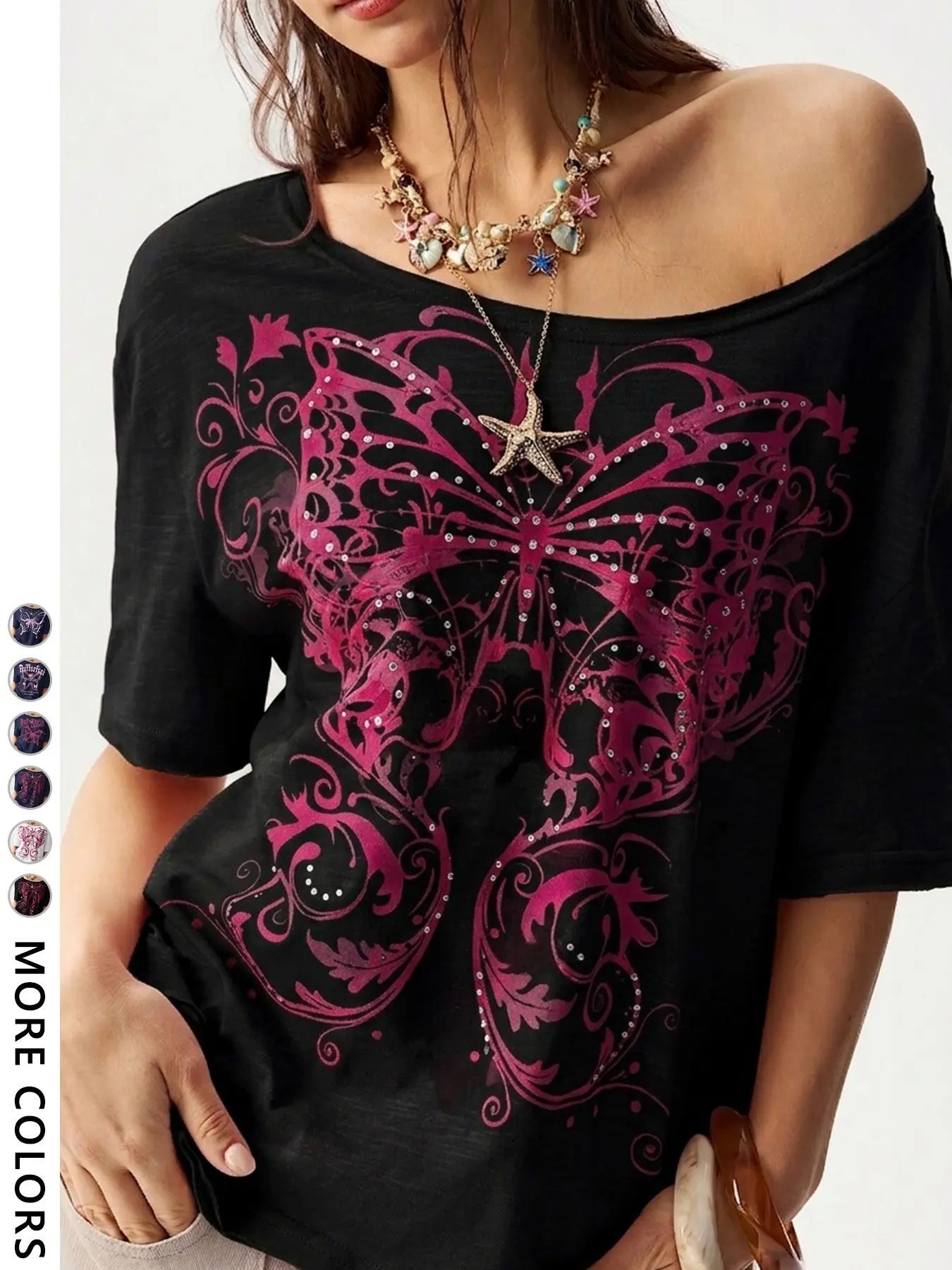 Women's Loose Fit Butterfly Print Short Sleeve Off-Shoulder T-Shirt, Casual Y2K Style, Perfect for Outing and Shopping