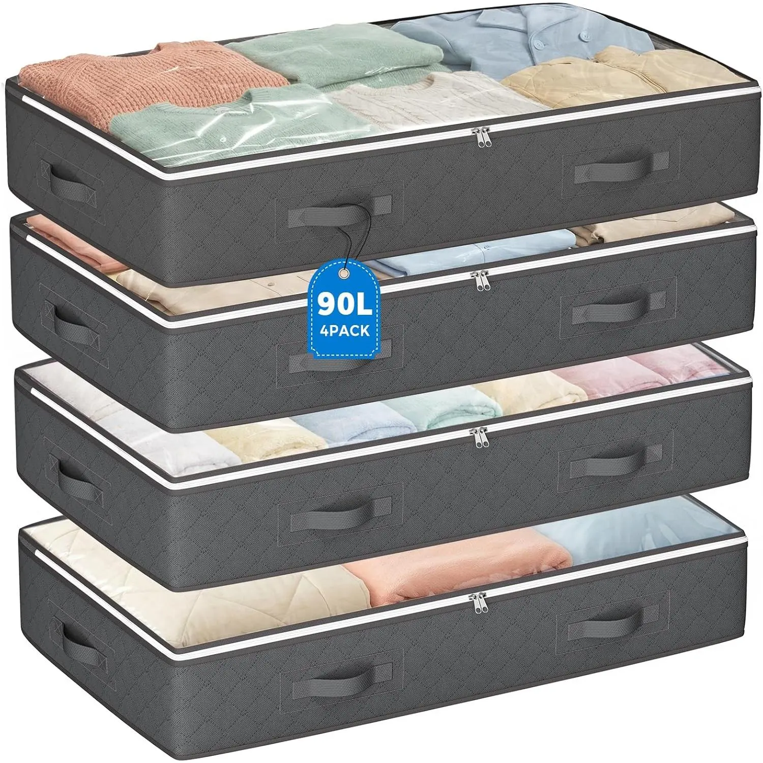 90L Under Bed Storage Containers, Closet Organizers and Storage Bins, Foldable Underbed Storage Bags for Linen Sheets, Blanket, Clothing, Comforter, Sweaters, Pillows, Wrapping Paper, Grey