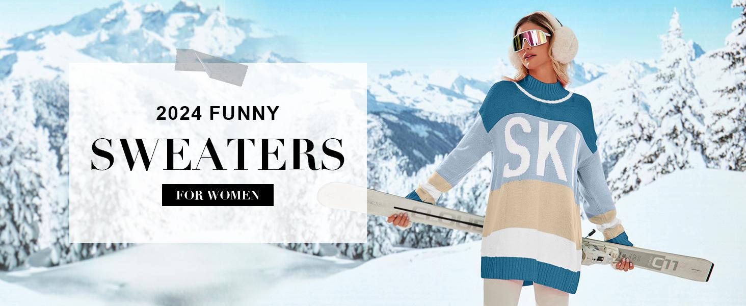 Yousify Womens Sweaters Fall 2024 Oversized Color Block Ski Sweater Crewneck Winter Tops S-2XL