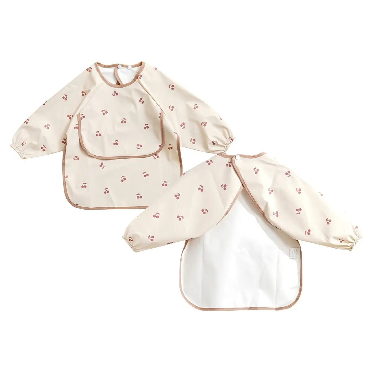 Waterproof PU Long Sleeve Baby Bib, Cherry Print Full Coverage Feeding Smock with Reversible Food Catcher Pocket, Wipe Clean Toddler Eating Apron Feeding Bibs