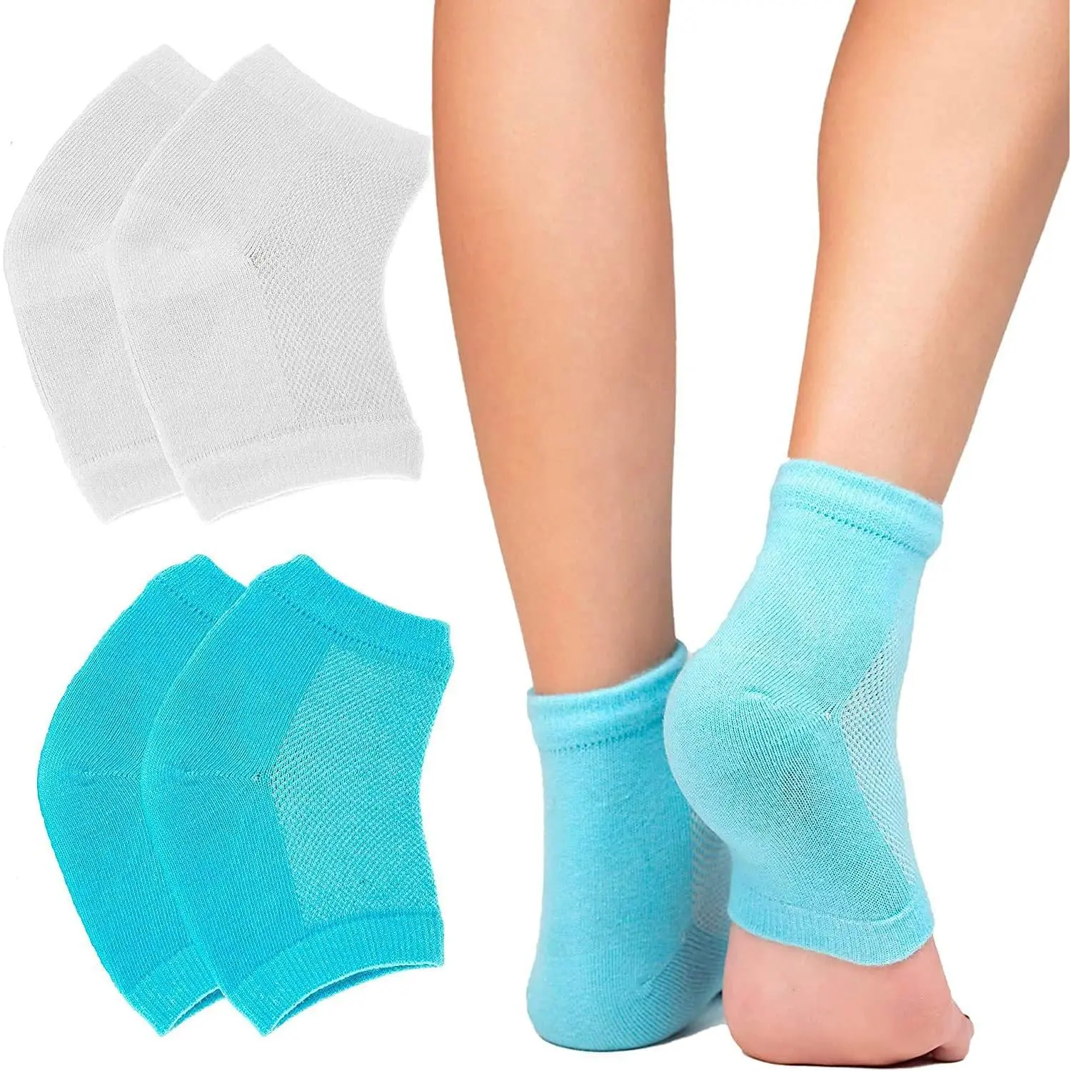 2 Pairs Moisturizing Gel Heel Socks Vented Unisex Day Night  Open  Care Dry  (2P_BlueWhite)