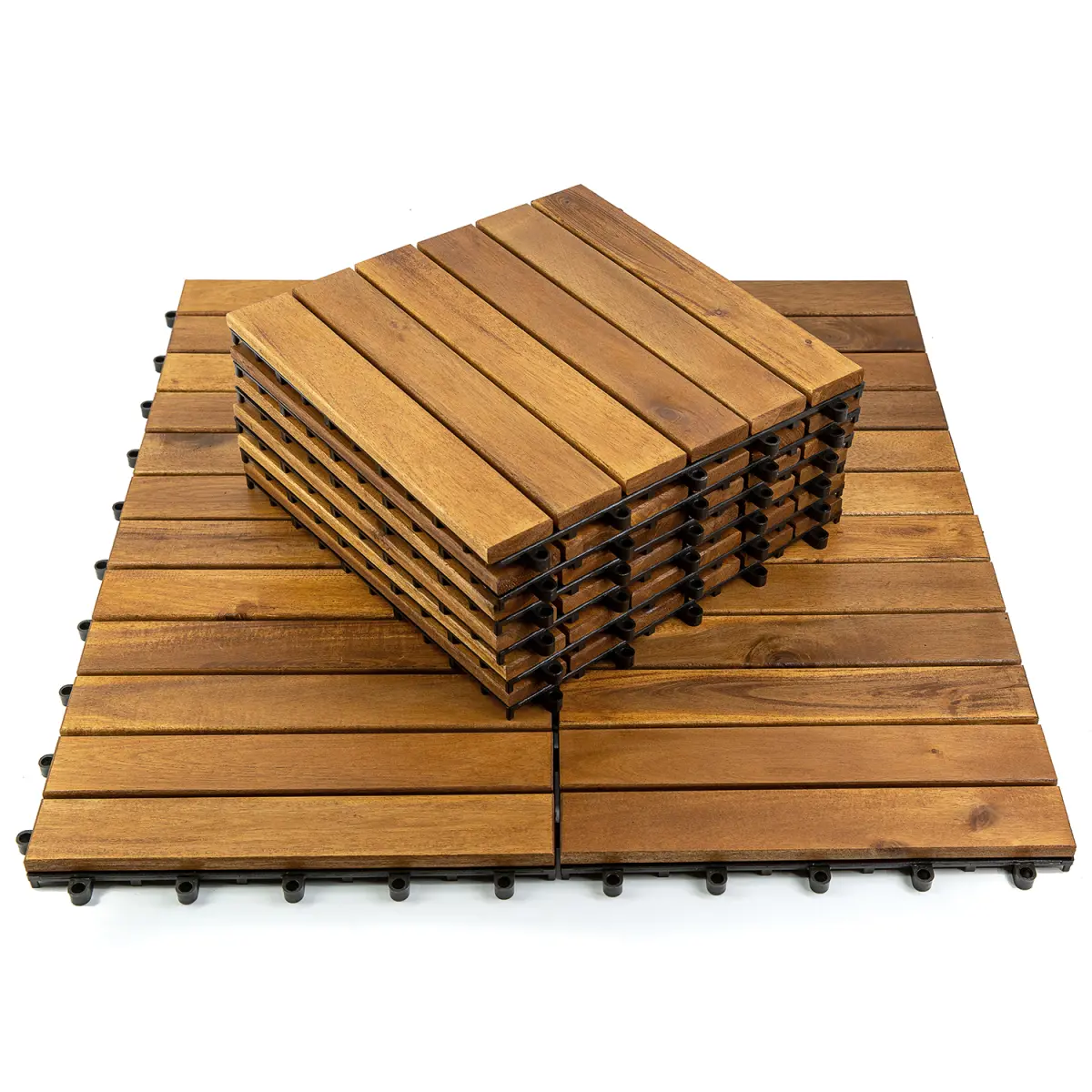 10-Pack Acacia Wood Interlocking Slats Deck Tiles - 12"x12" Weatherproof Floor with Plastic Base, Non-Slip Modular Flooring for Outdoor Patio, Balcony