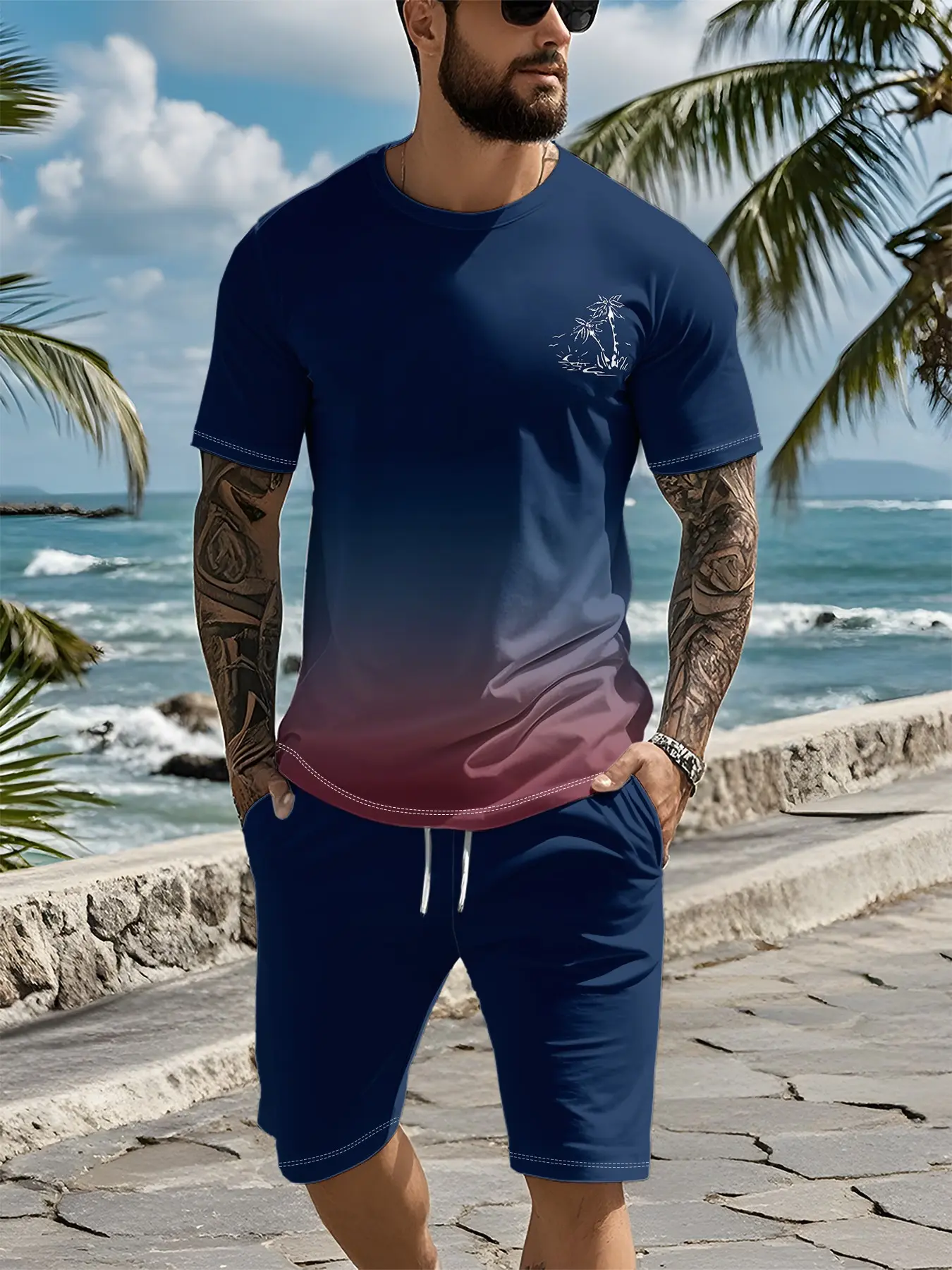 Two-piece set with 3D digital printing featuring gradient small coconut tree embroidery transitioning from navy blue to rose red, 2Pcs, trendy fashion suit, trendy vintage casual two-piece outfit, trendy vacation-style wear, breathable sports casual style