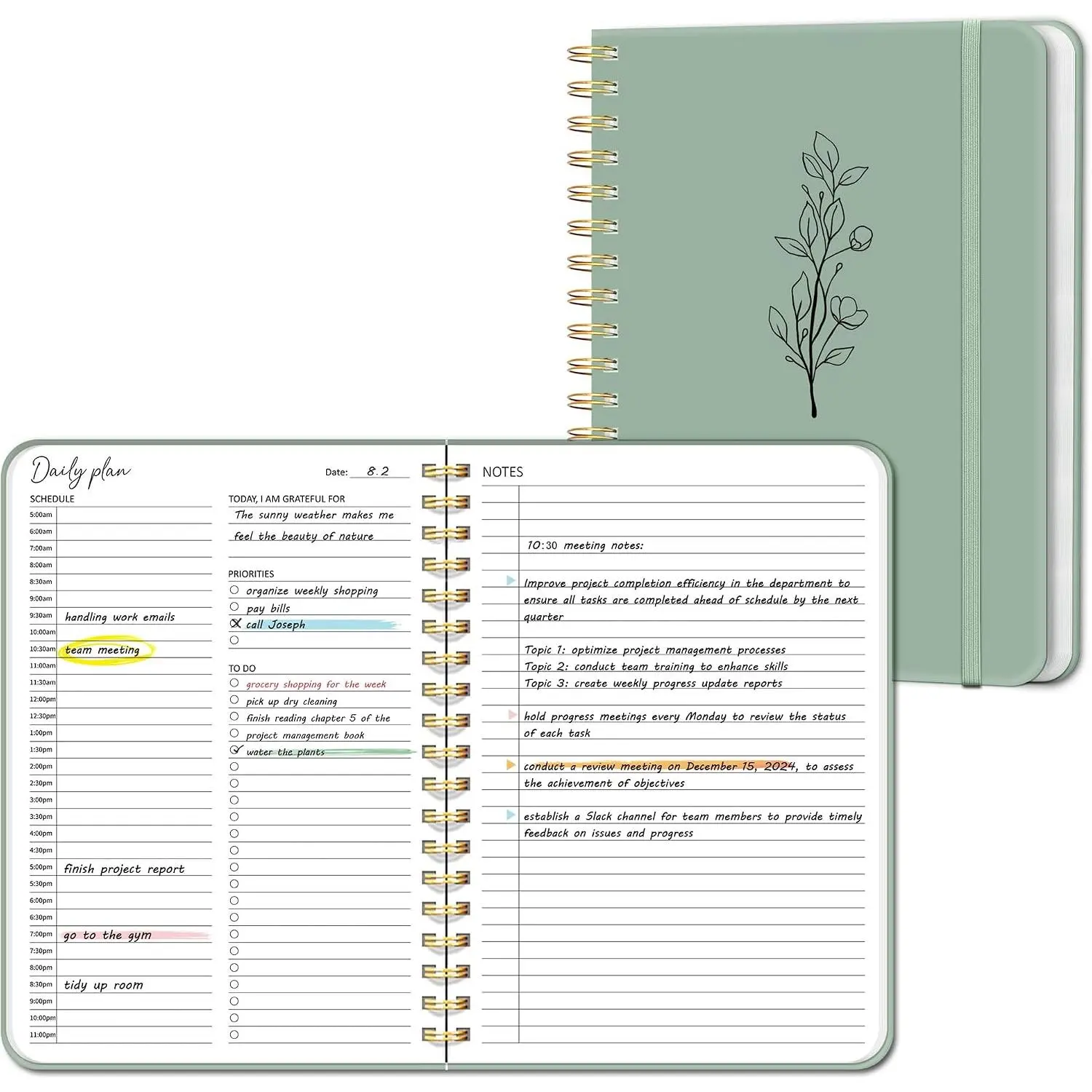 Undated Daily Planner With Hourly Schedule,  Spiral Notebook, Easily Organize Your Work Tasks And Appointments,  School Or Office Supplies For Organizing & Planning, 7.5"x10", Green