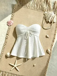 Women's Fashion Boho Style Tank Top, Cute Embroidered Tie Waist Ruffle Backless Vest, Versatile Plain Surface Slim Fit Clothing
