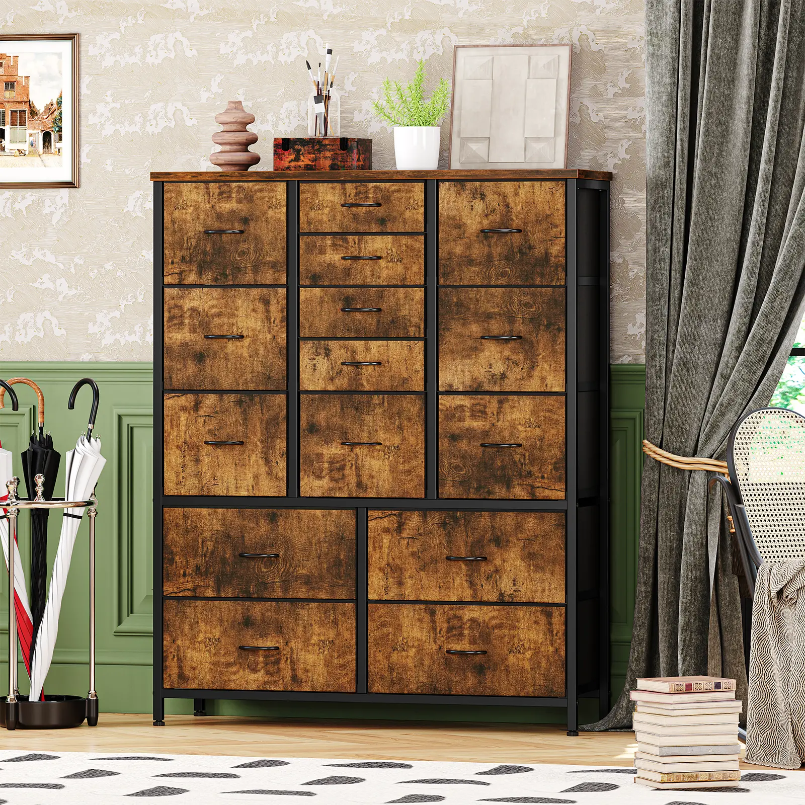 15-Drawer Tall Fabric Dresser with Sturdy MDF-Steel Frame, Wood Top, Adjustable Easy-Pull Handles & Anti-Tip Kit, 30lbs-Support Large Storage Chest for Bedroom, Closet, Nursery
