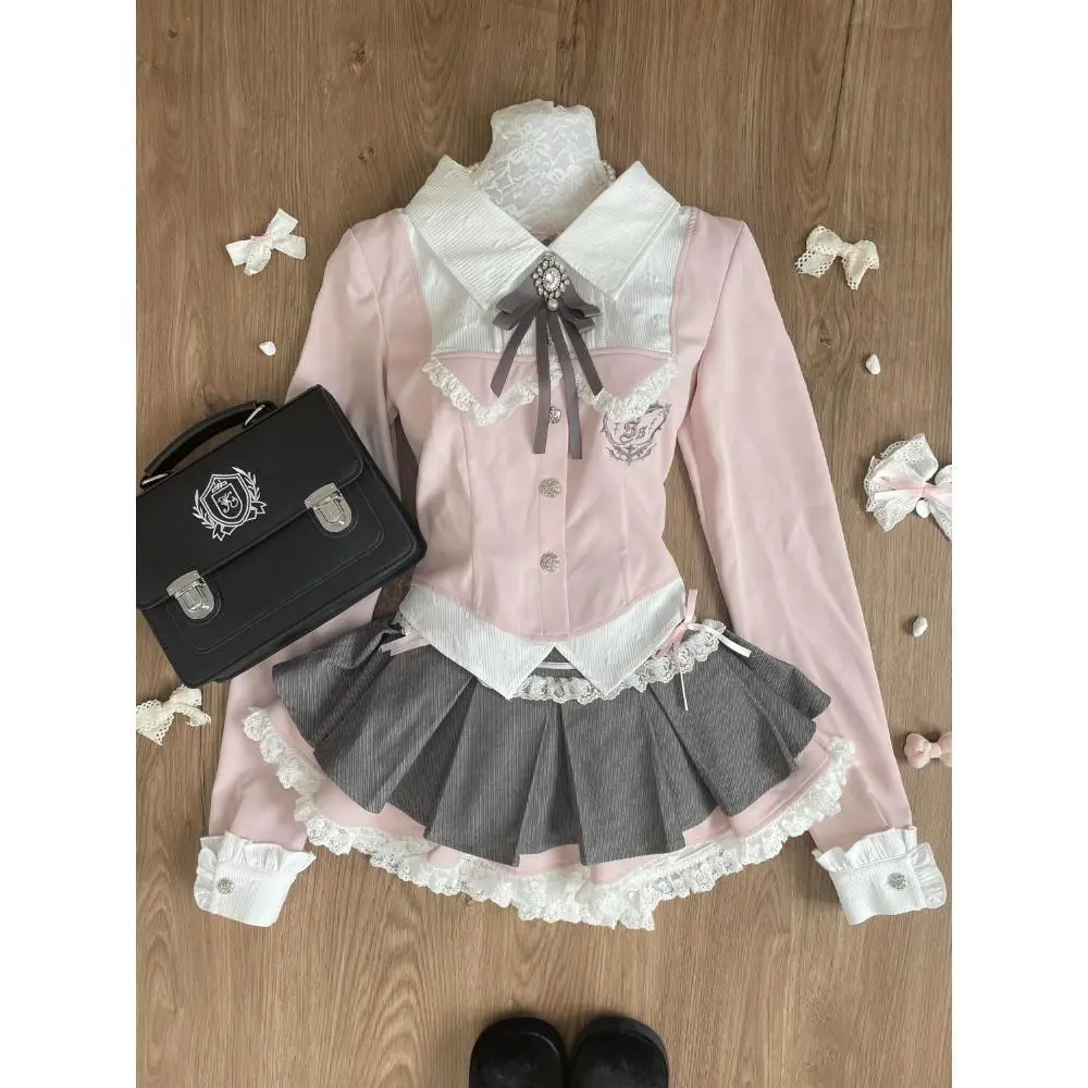 Spring Y2K Princess Outfits Women 2 Piece Sets Sweet Kawaii Bow Tops + Lace Pleated Skirt Female Retro Chic Preppy Style Clothes