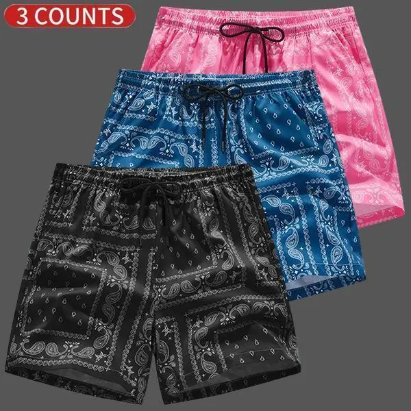 Men's 3-Pack Paisley Print Slim-Fit Drawstring Shorts - Elastic Waistband, Pockets, Breathable Polyester Blend, Casual Sports Menswear for Summer Everyday, Spring Essential