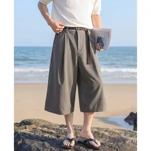Men's High Waist Double Pleated Cropped Suit Culottes, Matching Thin Belt Decor Side Slip Pockets Straight Seven Inch Length Casual Trousers For Summer Beach Vacation Daily Business Casual Walking Outdoor Leisure Activities#SummerWins