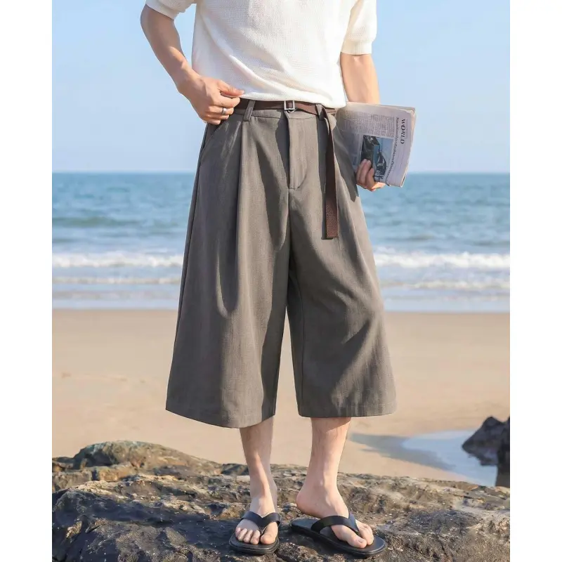 Men's High Waist Double Pleated Cropped Suit Culottes, Matching Thin Belt Decor Side Slip Pockets Straight Seven Inch Length Casual Trousers For Summer Beach Vacation Daily Business Casual Walking Outdoor Leisure Activities#SummerWins