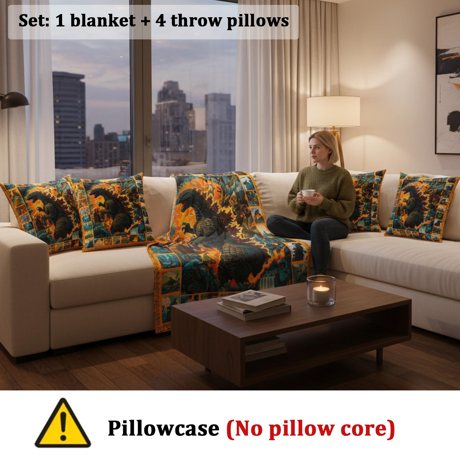 Monster Theme Viral Flannel Blanket and Throw Pillow Cover without Pillow Core Set – Home Decor Set for Monster Movie Fans,Perfect Gift for Kaiju Fans,Trendy Sci-Fi Home Decor Bundle for Bedroom
