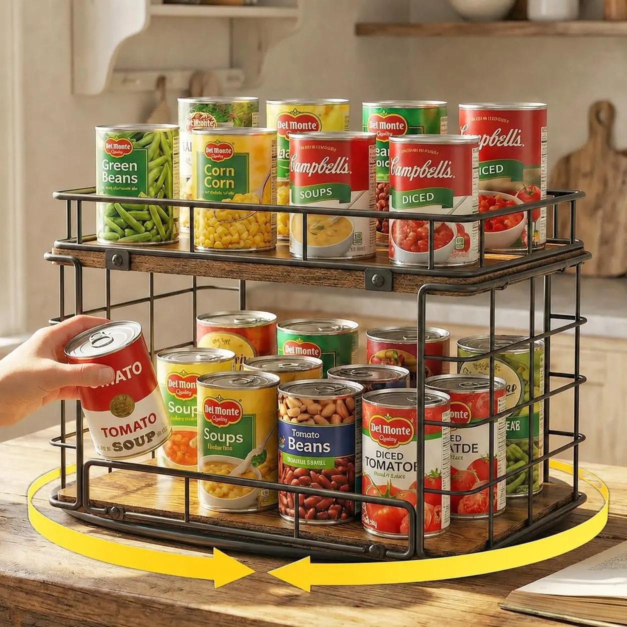 360° Rotating Can Rack Organizer for Pantry, 2-Tier Lazy Susan Can Organizer Holds Up to 26 Soda Cans, Metal Wire & Wood Shelf with Turntable Storage for Kitchen Cabinet, Pantry & Countertop