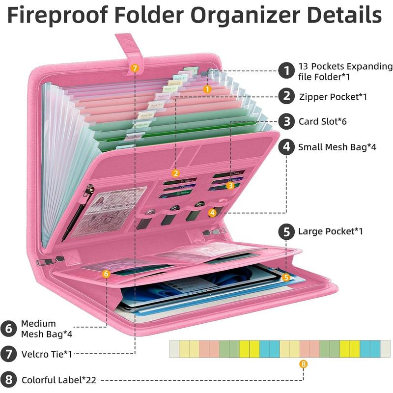 Fireproof Accordion File Organizer, Portable Expanding File Folder with Zipper&Labels, Pink Document Organizer with 13 Pockets, File Organizer for Important Document/Paper Storage Fireproof Accordion File Organizer, Portable Expanding File Folder with Zipper&Labels, Pink Document Organizer with 13 Pockets, File Organizer for Important Document/Paper Storage