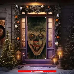 Terrifying Fanged Clown Pattern Halloween Front Door Banner, Perfect as Halloween Decorations, Porch Sign, Haunted House Prop, Party Backdrop, Yard Decor, Photography Background, Window Display, Ideal for Creating Spooky Atmosphere