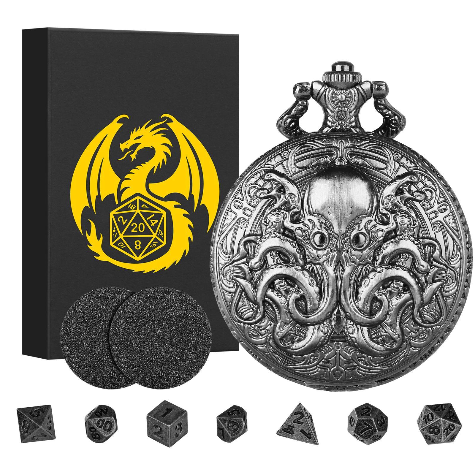 Double Eye Octopus Design Pocket Watch with Chain & Dice Set, 1 Set Role Playing Game Accessories, Cosplay Game Accessories