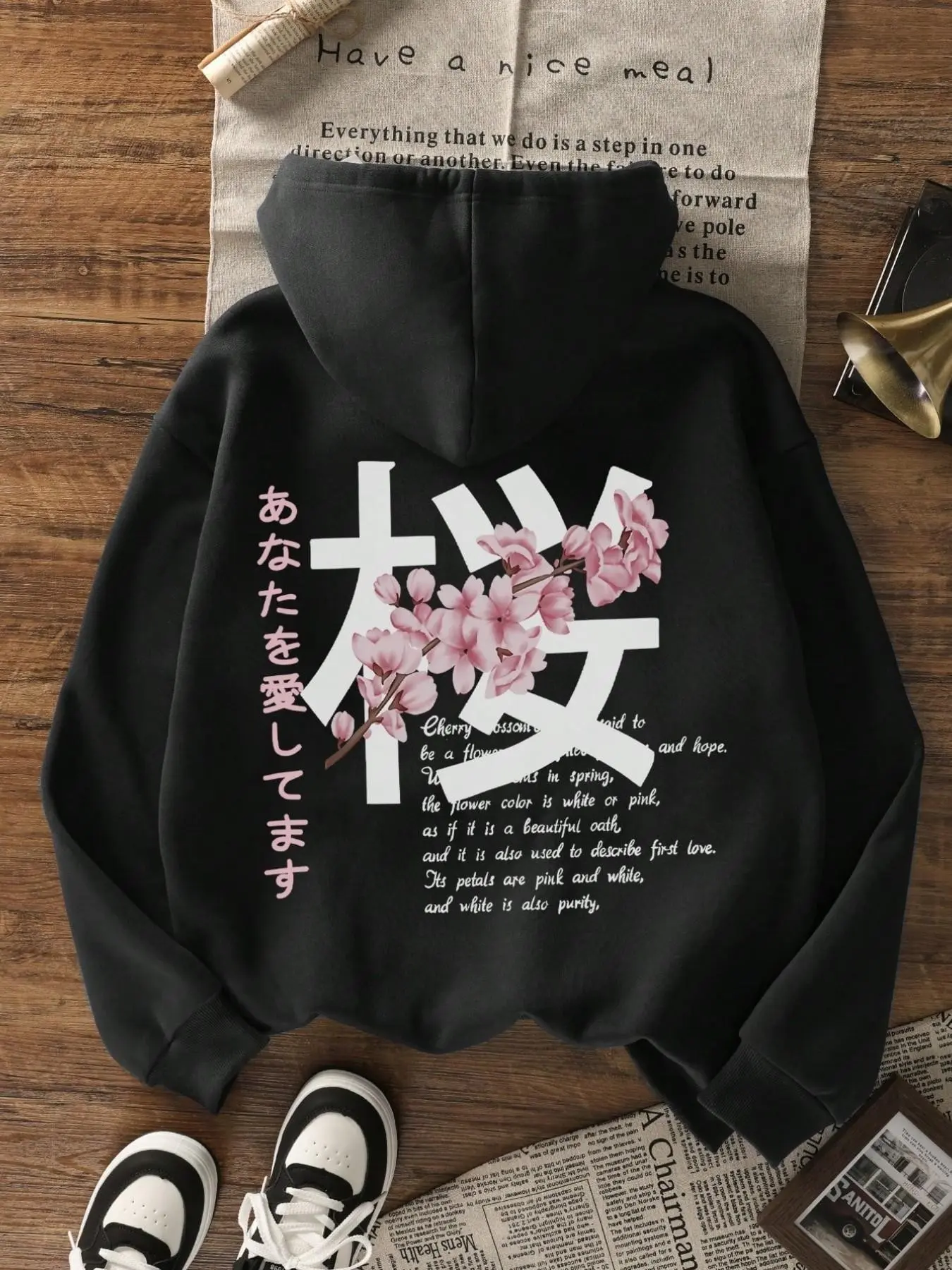 Japanese Style Cherry Blossom Hanzi Drawstring Hoodie, Fall Streetwear Large Pocket Loose Sweatshirt, Classic Drawstring Hood + Kangaroo Pocket