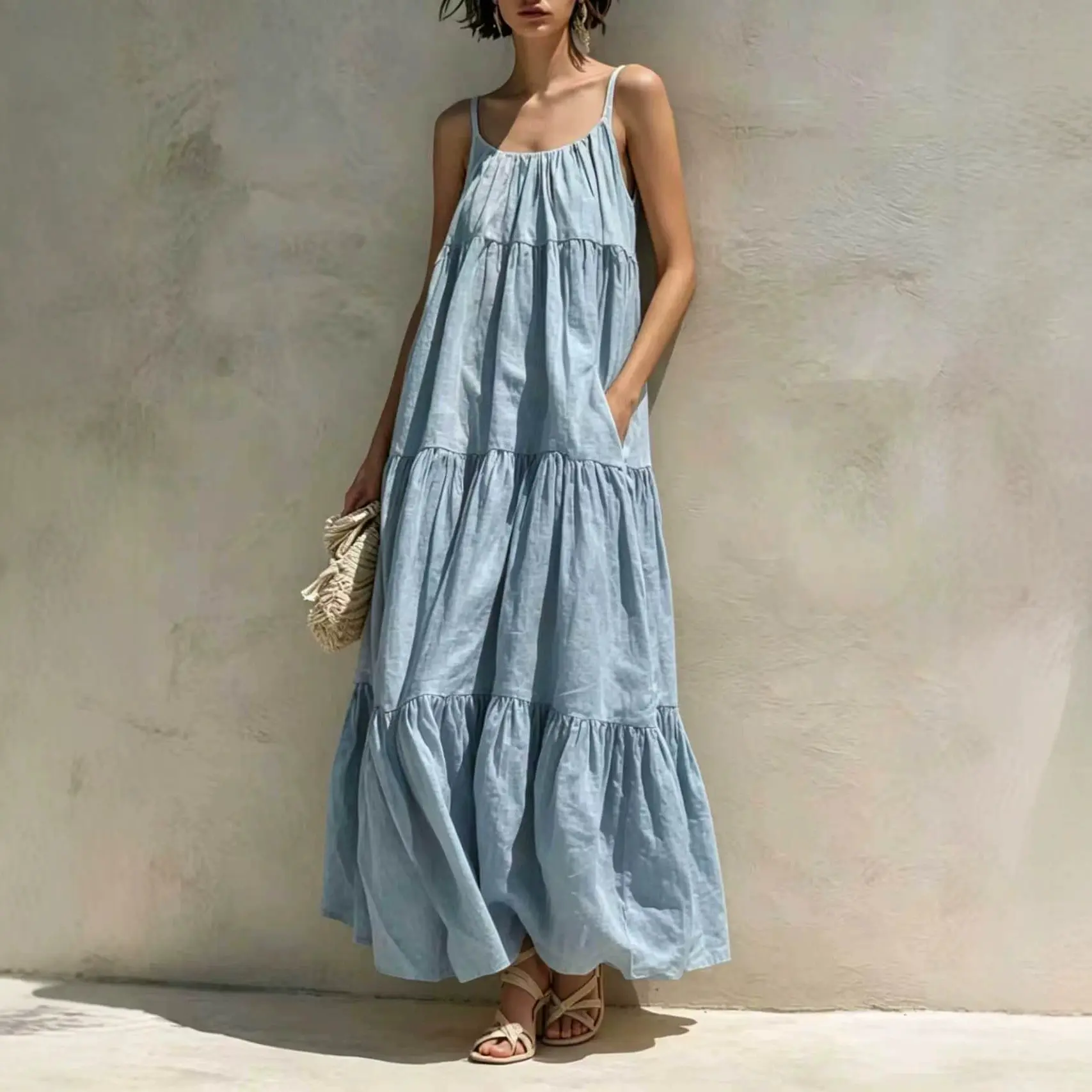 Hot-selling layered pleated suspender layered long dress, loose A-shaped big pendulum pocket solid color dress