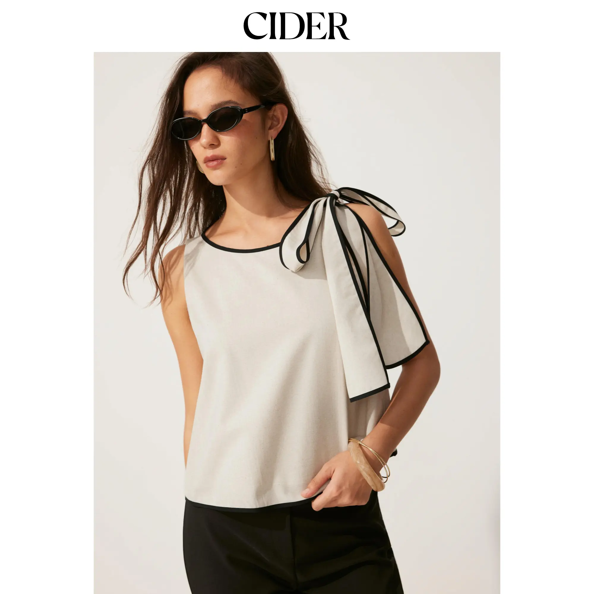 Cider Linen-blend Boat Neck ColorBlock Knotted Blouse SummerWins SummerFinds