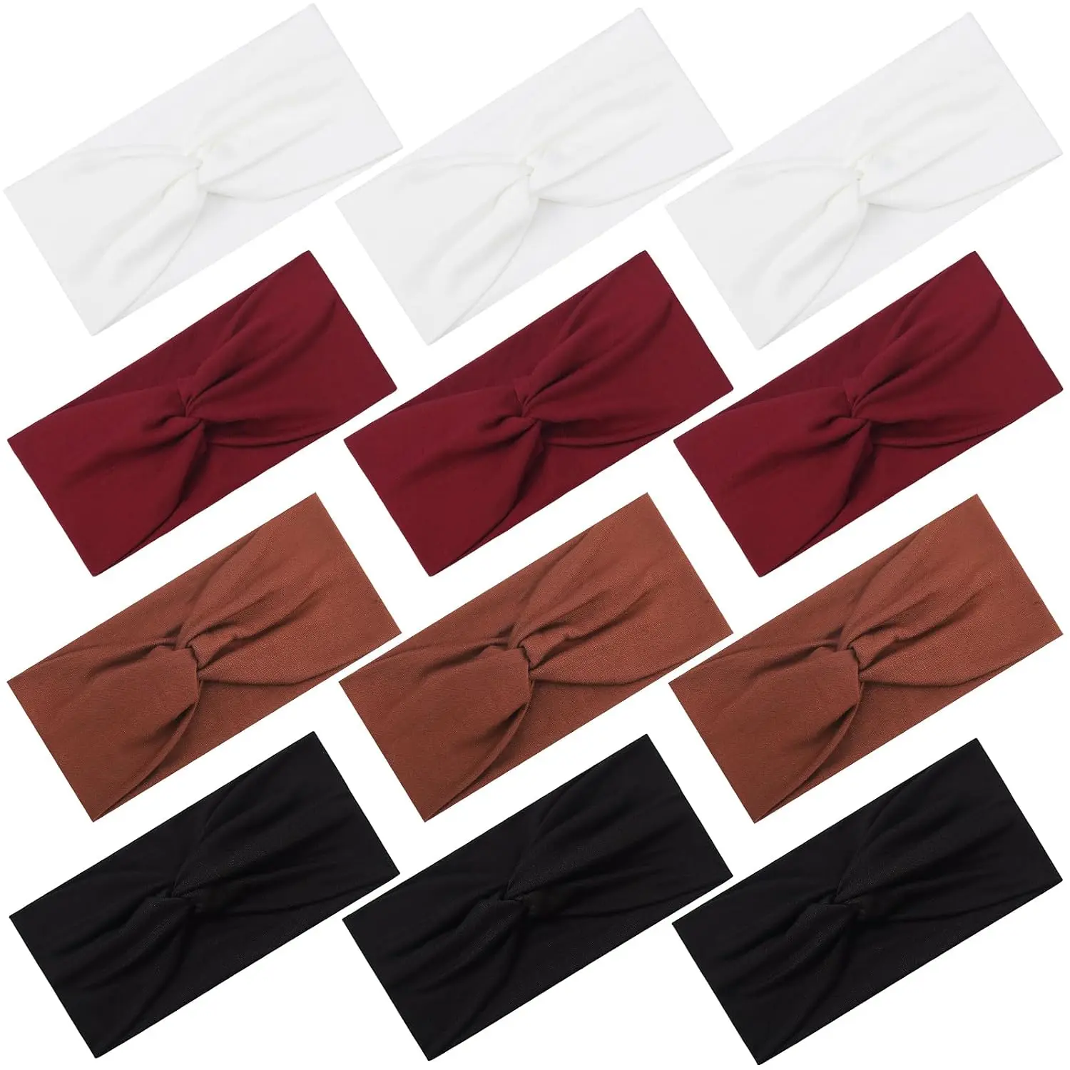 12 count Stretchy Headbands for Women, Absorbed  Headband Soft Twist Knotted Hairbands for Daily Life Yoga Workout(Black/Brown/White/Red)